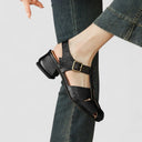 Women's Vintage Cutout T-Bar Sandals – Brass Buckle Square Toe Mid Block Heel