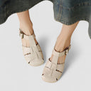 Women's Vintage Cutout T-Bar Sandals – Brass Buckle Square Toe Mid Block Heel