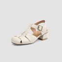Women's Vintage Cutout T-Bar Sandals – Brass Buckle Square Toe Mid Block Heel