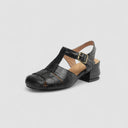 Women's Vintage Cutout T-Bar Sandals – Brass Buckle Square Toe Mid Block Heel