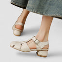 Women's Vintage Cutout T-Bar Sandals – Brass Buckle Square Toe Mid Block Heel
