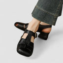 Women's Vintage Cutout T-Bar Sandals – Brass Buckle Square Toe Mid Block Heel