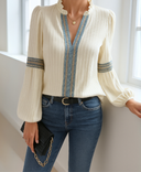 Women's Vintage Embroidered Blouse – V Neck Ruffle Collar Long Sleeve Top