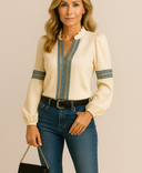 Women's Vintage Embroidered Blouse – V Neck Ruffle Collar Long Sleeve Top
