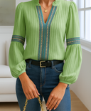 Women's Vintage Embroidered Blouse – V Neck Ruffle Collar Long Sleeve Top