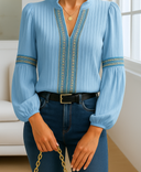 Women's Vintage Embroidered Blouse – V Neck Ruffle Collar Long Sleeve Top
