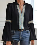 Women's Vintage Embroidered Blouse – V Neck Ruffle Collar Long Sleeve Top