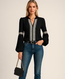 Women's Vintage Embroidered Blouse – V Neck Ruffle Collar Long Sleeve Top
