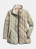 Women's Vintage Floral Medallion Quilted Jacket – Stand Collar Contrast Trim Snap