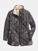 Women's Vintage Floral Quilted Jacket – Stand Collar Snap Button Long Sleeve