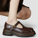 Women's Vintage T-Bar Mary Jane Shoes – Gold Buckle Chunky Platform Round Toe