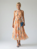 Women's Watercolor Floral Halter Midi Dress – Gathered Bodice Ruched Waist Band