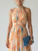 Women's Watercolor Floral Halter Midi Dress – Gathered Bodice Ruched Waist Band
