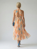Women's Watercolor Floral Halter Midi Dress – Gathered Bodice Ruched Waist Band