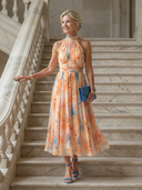 Women's Watercolor Floral Halter Midi Dress – Gathered Bodice Ruched Waist Band