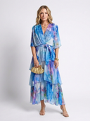 Women's Watercolor Floral Maxi Dress – V Neck Sheer Layered Tie Waist