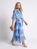Women's Watercolor Floral Maxi Dress – V Neck Sheer Layered Tie Waist