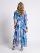 Women's Watercolor Floral Maxi Dress – V Neck Sheer Layered Tie Waist