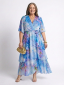 Women's Watercolor Floral Maxi Dress – V Neck Sheer Layered Tie Waist