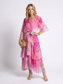 Women's Watercolor Floral Maxi Dress – V Neck Sheer Layered Tie Waist