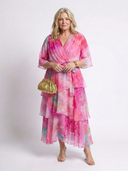 Women's Watercolor Floral Maxi Dress – V Neck Sheer Layered Tie Waist