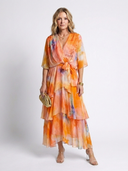 Women's Watercolor Floral Maxi Dress – V Neck Sheer Layered Tie Waist