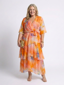 Women's Watercolor Floral Maxi Dress – V Neck Sheer Layered Tie Waist