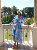 Women's Watercolor Floral Maxi Dress – V Neck Sheer Layered Tie Waist