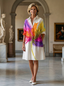 Women's Watercolor Floral Print Shirt Dress – Knee Length 3/4 Sleeve Garden Party
