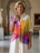 Women's Watercolor Floral Print Shirt Dress – Knee Length 3/4 Sleeve Garden Party