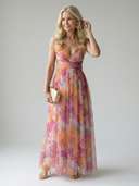Women's Watercolor Floral Wrap Maxi Dress – V Neck Spaghetti Strap Wedding Guest