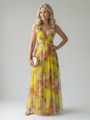 Women's Watercolor Floral Wrap Maxi Dress – V Neck Spaghetti Strap Wedding Guest