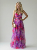 Women's Watercolor Floral Wrap Maxi Dress – V Neck Spaghetti Strap Wedding Guest