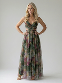 Women's Watercolor Floral Wrap Maxi Dress – V Neck Spaghetti Strap Wedding Guest