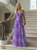 Women's Watercolor Floral Wrap Maxi Dress – V Neck Spaghetti Strap Wedding Guest