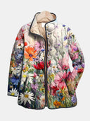 Women's Watercolor Wildflower Quilted Jacket – Stand Collar Snap Front Long Sleeve Coat