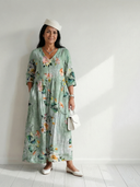 Women's Watercolour Floral Maxi – V Neck 3/4 Sleeve Gathered Waist Pocket Casual Dress