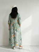 Women's Watercolour Floral Maxi – V Neck 3/4 Sleeve Gathered Waist Pocket Casual Dress