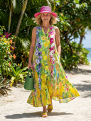 Women's Watercolour Floral Maxi – V Neck Sleeveless Panelled A-Line Beach Summer Dress