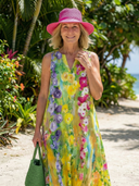 Women's Watercolour Floral Maxi – V Neck Sleeveless Panelled A-Line Beach Summer Dress