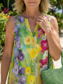 Women's Watercolour Floral Maxi – V Neck Sleeveless Panelled A-Line Beach Summer Dress