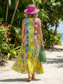 Women's Watercolour Floral Maxi – V Neck Sleeveless Panelled A-Line Beach Summer Dress