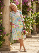 Women's Watercolour Floral Shirt Dress – Collared Roll Sleeve Button Front Knee Length