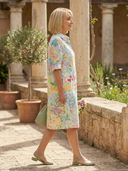 Women's Watercolour Floral Shirt Dress – Collared Roll Sleeve Button Front Knee Length