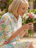 Women's Watercolour Floral Shirt Dress – Collared Roll Sleeve Button Front Knee Length