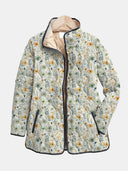 Women's Watercolour Wildflower Quilted Jacket – Stand Collar Contrast Trim Snap
