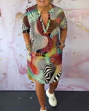Women's Wave Print Midi – V Neck Short Sleeve Pocket Casual Everyday Dress