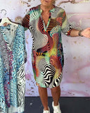 Women's Wave Print Midi – V Neck Short Sleeve Pocket Casual Everyday Dress