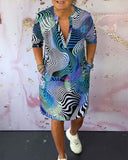 Women's Wave Print Midi – V Neck Short Sleeve Pocket Casual Everyday Dress