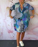 Women's Wave Print Midi – V Neck Short Sleeve Pocket Casual Everyday Dress